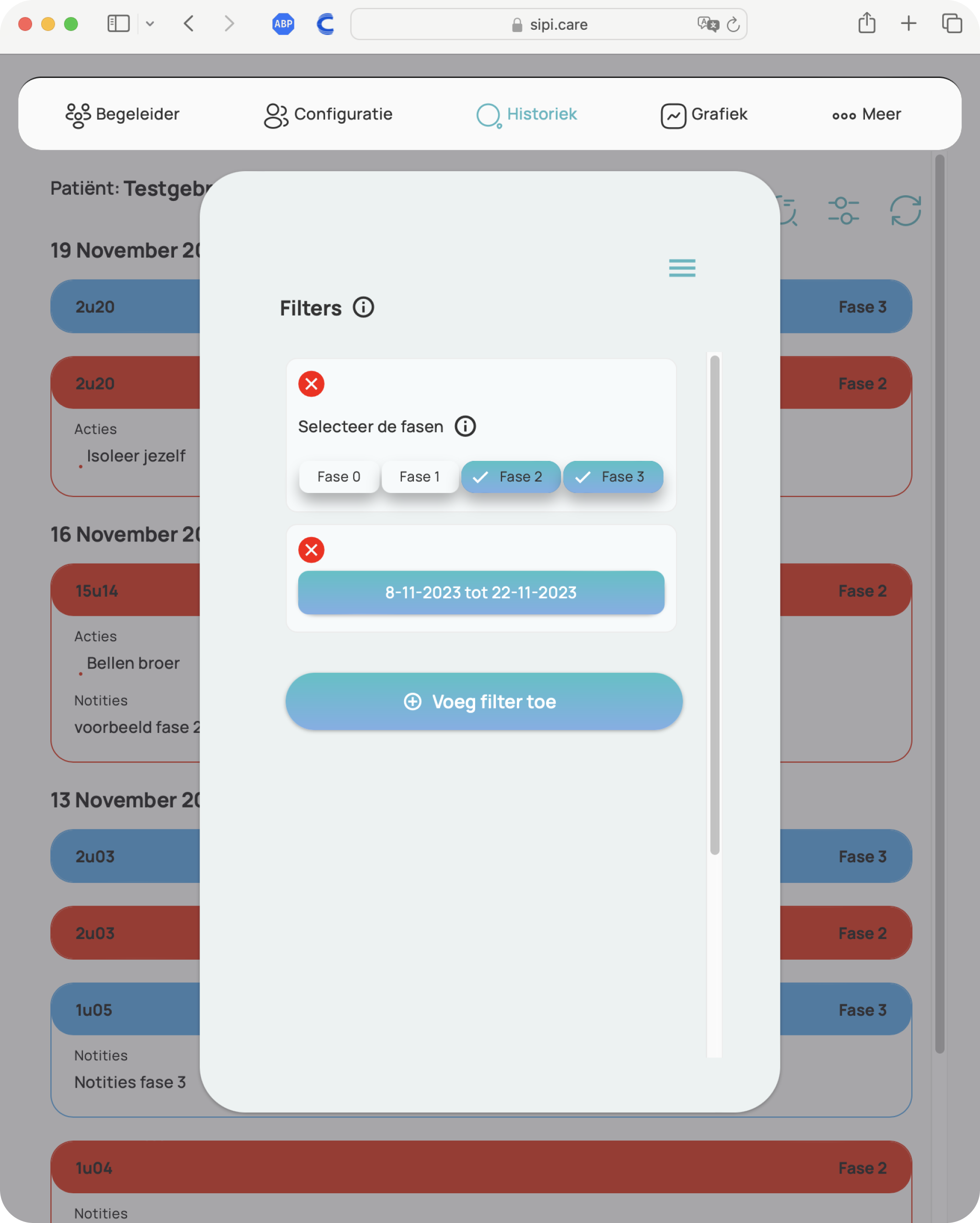 Sipi screenshot van de webversie van de app, overzicht van de scores